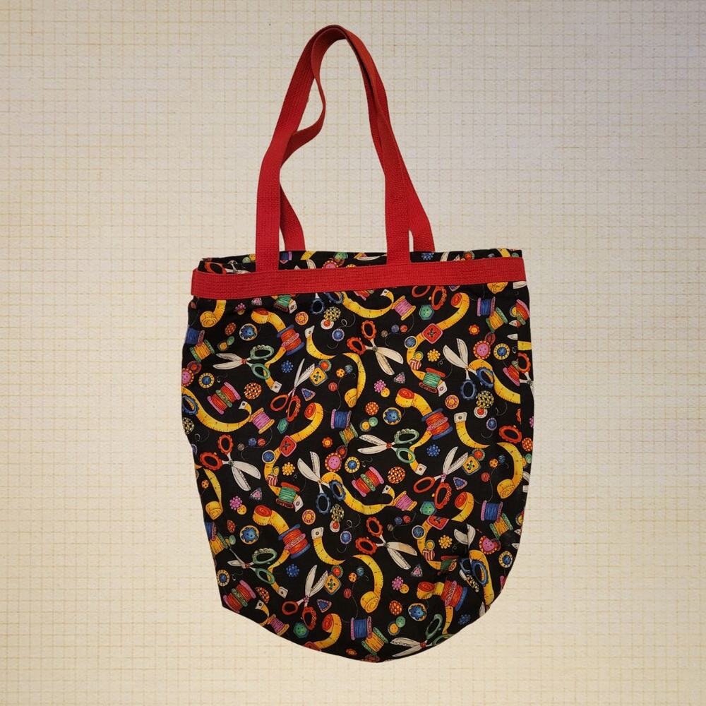 Handmade Sewing Themed Tote Bag Fun Psychedelic Lining Red Handles Kidcore
